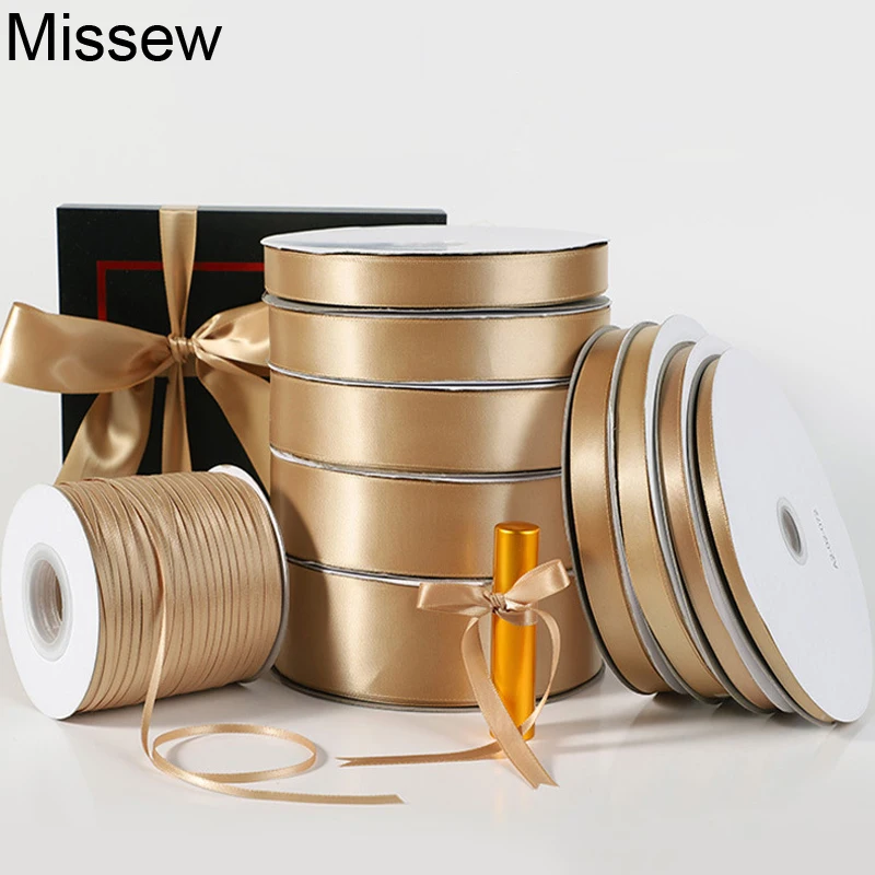 

100Yards/Roll Premium Champagne Satin Ribbon Baking Gift Wrap Bow Diy Christmas Decorations Ribbons for Crafts Supplies