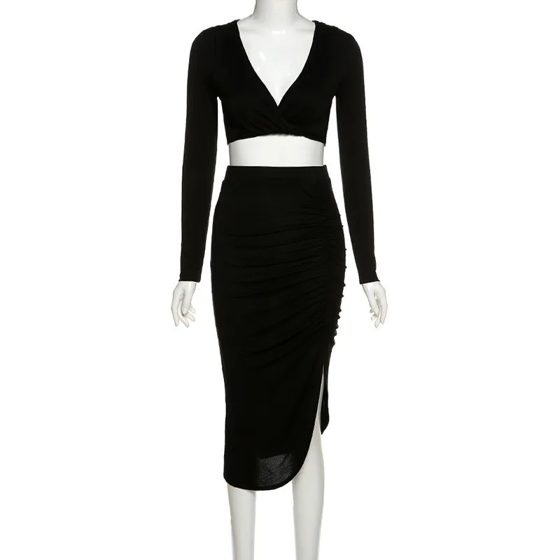 

2020 Autumn Winter Two Piece Sets Women Tracksuits Fashion Solid Female Suit Sets V Neck Tops + Split Midi Skirt Slim Women Suit