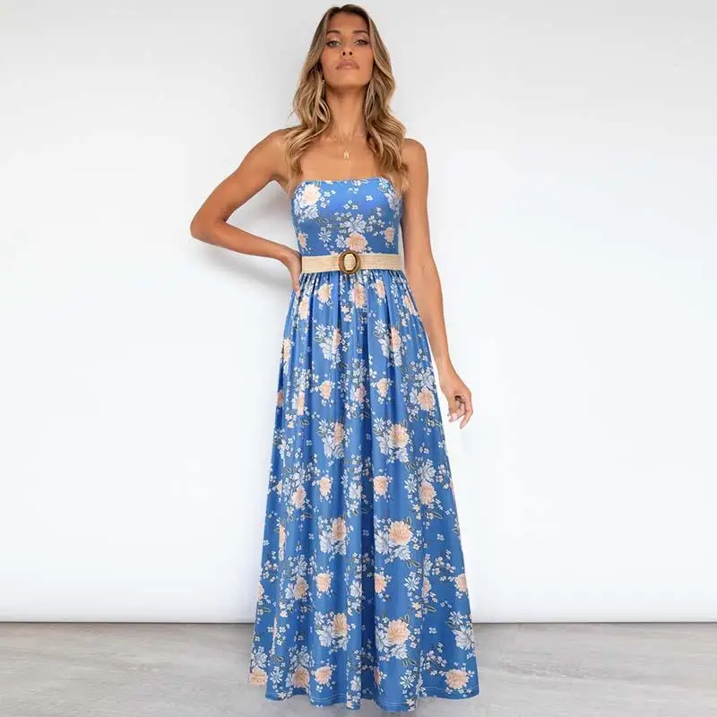 

2021 Summer Boho Maxi Flower Dress Women Off Shoulder Strapless Dress Ladies Elegant Party Long Dresses for Women With Belt
