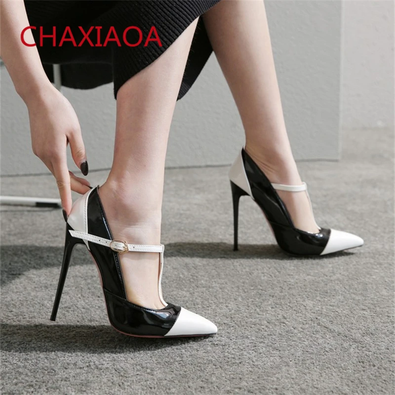 

CHAXIAOA Runway Fashion Mixed Color Women Pumps Pointed Toe Sexy Stilettos T-Strap High Heels Female Party Wedding Dress Shoes