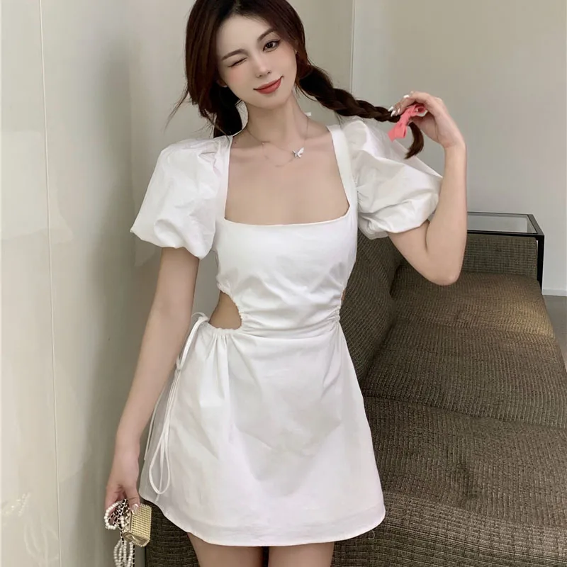 

Korean Summer 2021 Women Sexy Hollow Out Dress Elegant Sexy Sweet Square Collar Puff Sleeve Casual Backless Party Mini Dresses