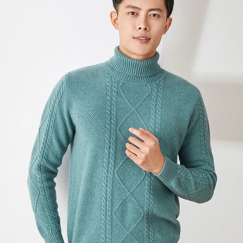 2021 Pure Cashmere Sweater New Large Size Men' Twisted High Lapel Base Shirt Autumn Winter 100%Wool Knit Thick High-End Pullover