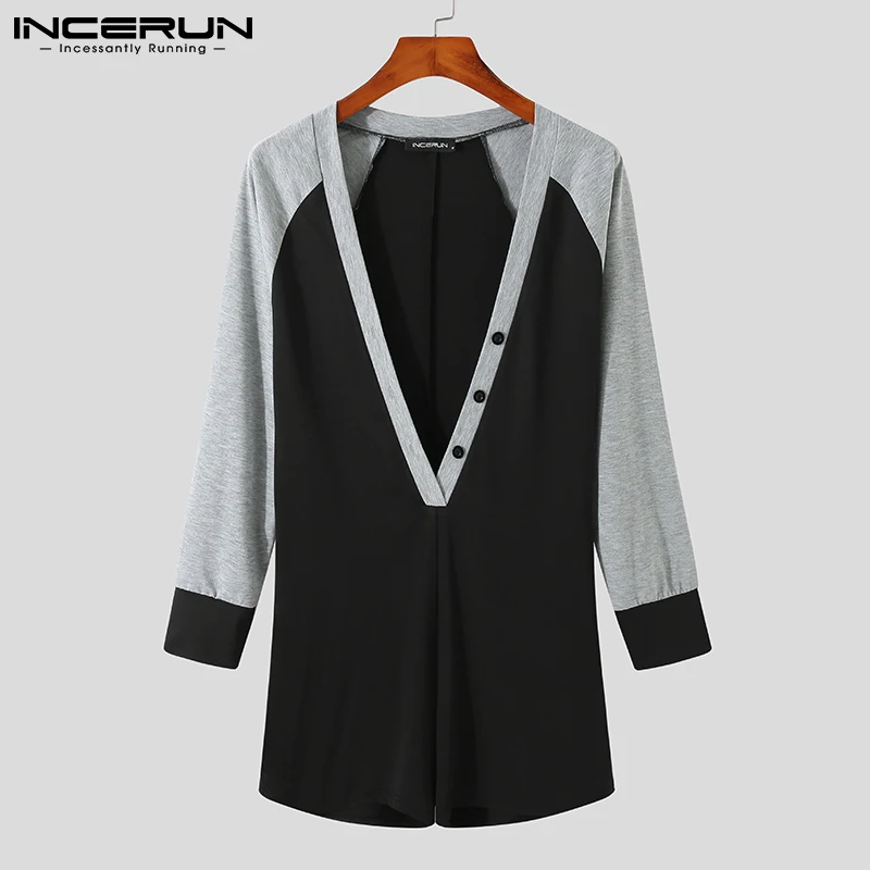 

Men Pajamas Rompers Patchwork Deep V Neck Homewear Long Sleeve Jumpsuits Comfortable Sexy Men Nightwear Playsuits S-5XL INCERUN