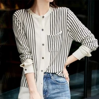 autumn new wool shirt commuter ol wind round neck long sleeved vertical stripes knitted blouse vintage cardigan