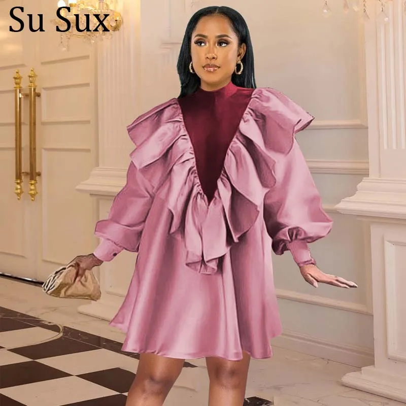 

Ruffls Mini Dress African Clothes For Women Puff Sleeve Stand Collar Patchwork Party Dress Dashiki Boubou Africain Femme 2021