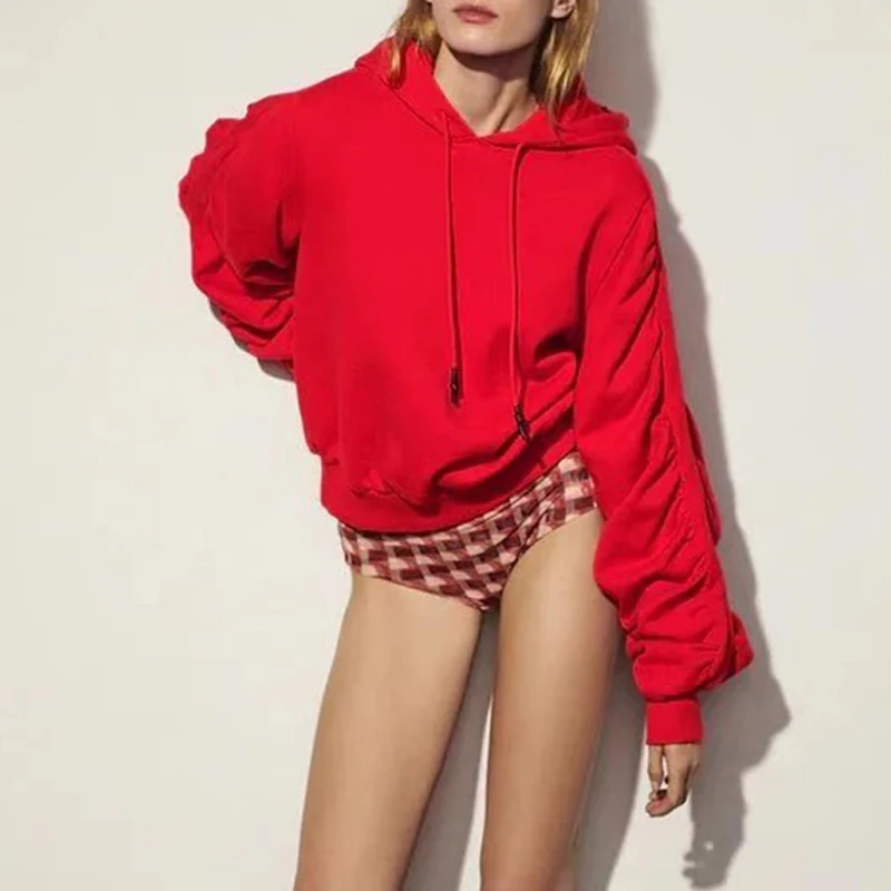 

Женская толстовка с капюшоном KUMSVAG, однотонная Повседневная плиссированная кофта с длинным рукавом, осень 2021