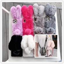 Shoulder Strap Case for Samsung Galaxy S21 Ultra S20 FE S10 Lite Plus Note 10 20 Neck Lanyard Fluffy Rabbit Plush Fur Cover