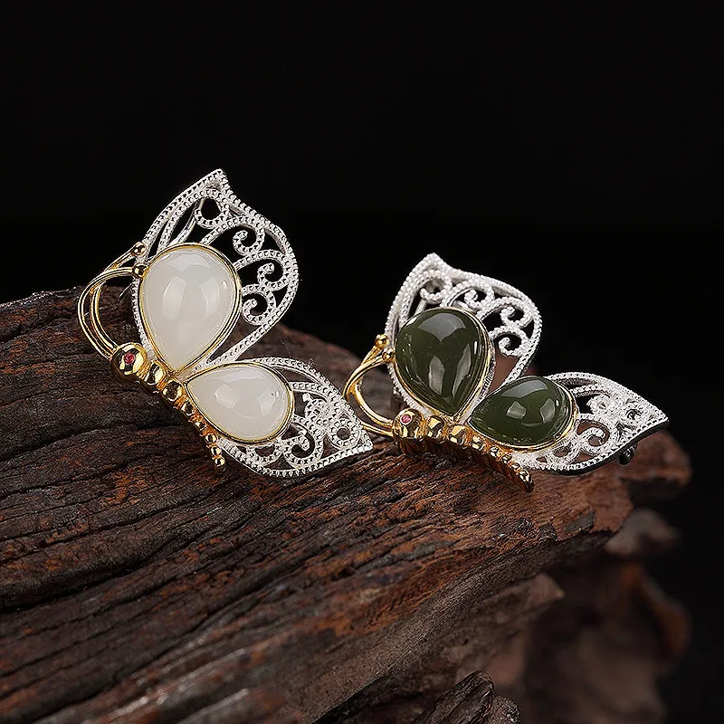 Женская Брошь бабочка из серебра 925 пробы с нефритом|Украшения для волос броши и