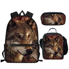 Школьный рюкзак для мальчиков, 3 шт.компл., классный Набор сумок для карандашей с 3D рисунком диких животных, коричневыечерные сумки для книг с волком, Полиэстеровая сумка