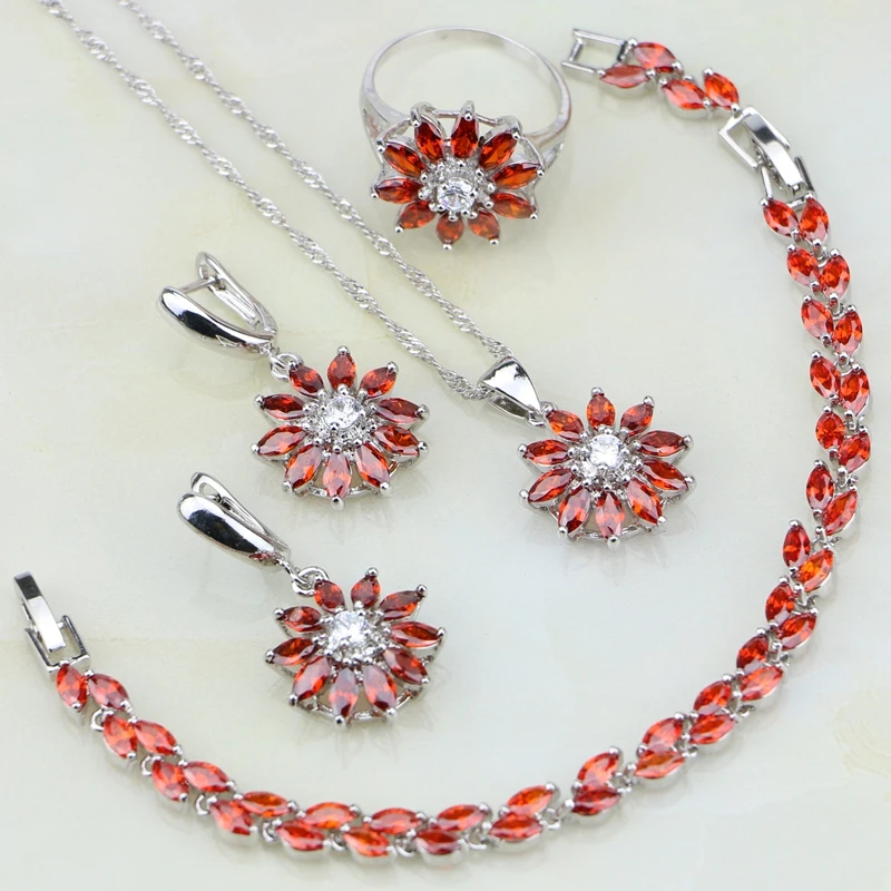 Набор украшений из серебра 925 пробы красный гранат циркон белые стразы ювелирные