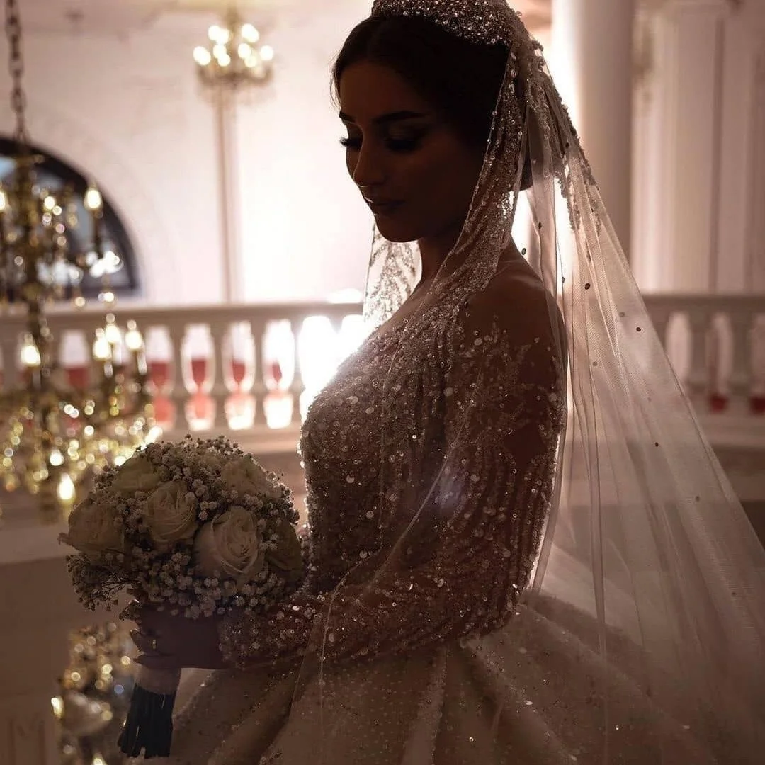 

Saudi Arabic Ball Gown Wedding Dresses 2022 Lace Sequined Sparkle Bridal Gowns Plus Size Long Sleeves Luxury vestido de novia