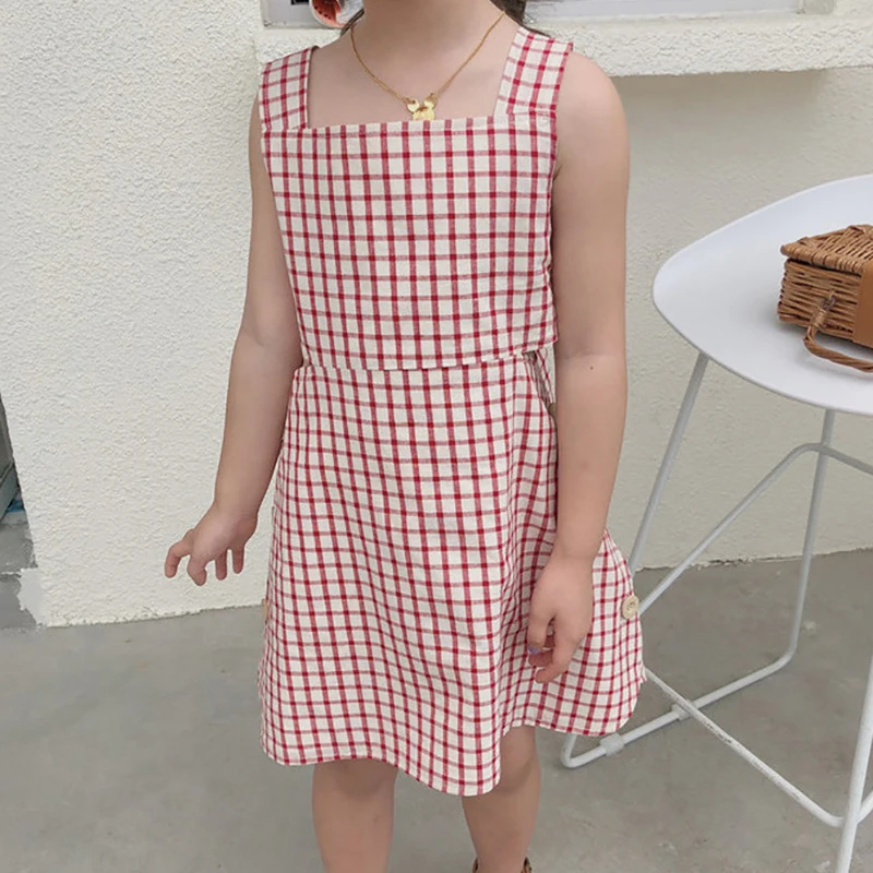 

Girls Elegant Summer Dresses 2021 New Summer Kids Plaid Party Costumes Korean Sleeveless Children Princess Vestidos 3-7Y
