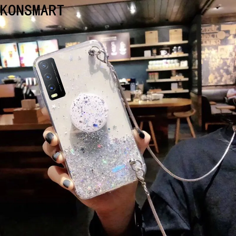 

KONSMART Case VIVO Y20 Luxury Glitter Stars Phone Cases VIVO Y20I 2020 Fashion Blingbling Silicone Soft Back Cover With Strap