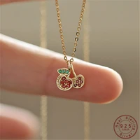 s925 sterling silver 14k gold plated necklace colorful zircon cherry cute fruit small pendant necklace for women dating jewelry