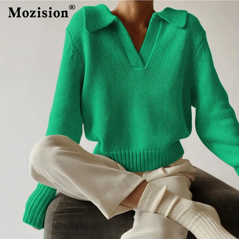 

Mozision Autumn Turn-down Full Sleeve Knitted Sweater Women 2021 Casual Loose Pullover Top Ladies Fashion Short Sweaters