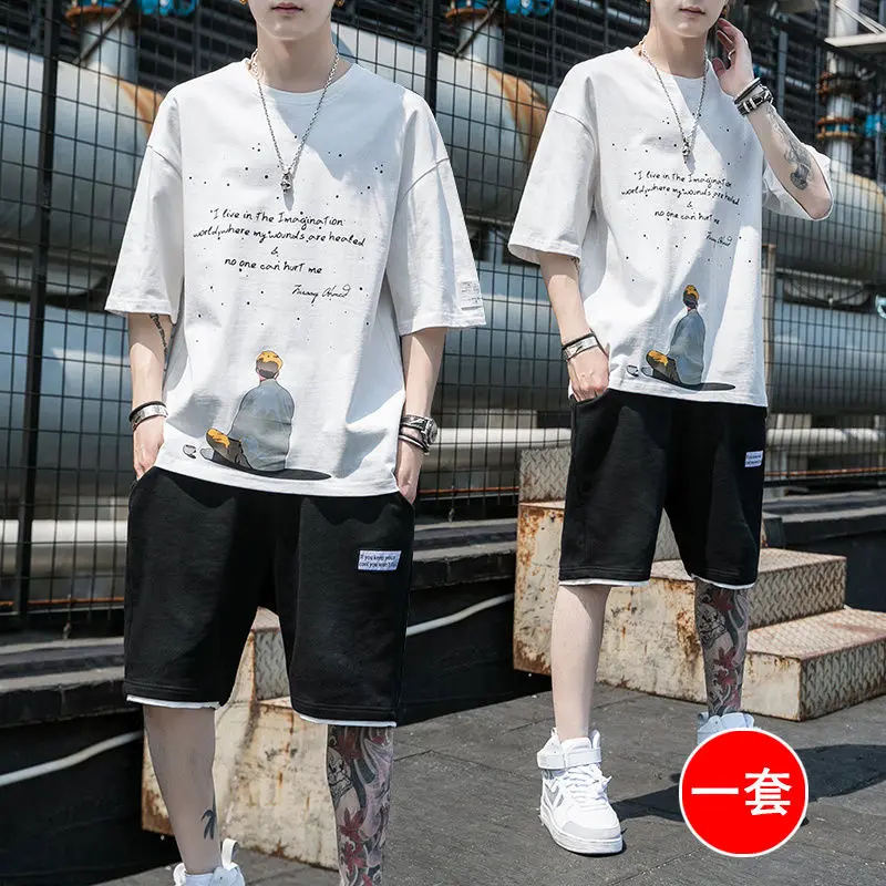 

2020 Cotton loose short sleeve shorts suit men's trend Korean hip hop cool printing summer men's two piece suit 5401