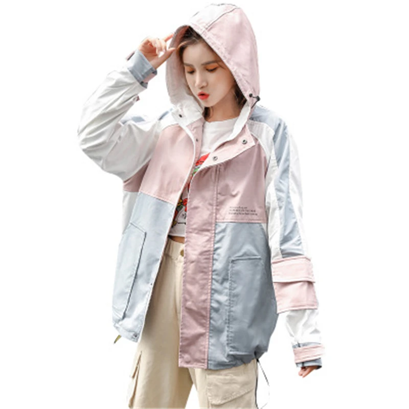 

2020 New Fall Short coats Girlish Stitching colors Hooded Sports tops Windproof cute Leisure Long sleeve boyfriend style
