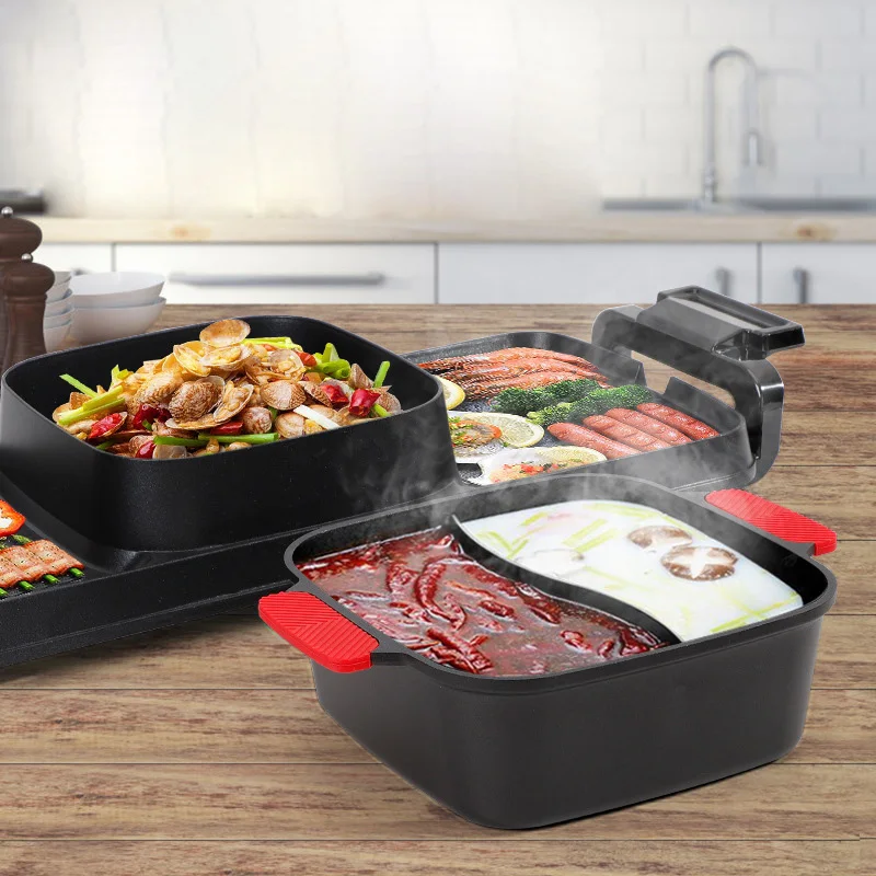 Дешево 2 в 1 Электрический Барбекю гриль Крытый горячий горшок 2200 Вт антипригарная противень для выпечки отдельный двойной контроль температуры бе...