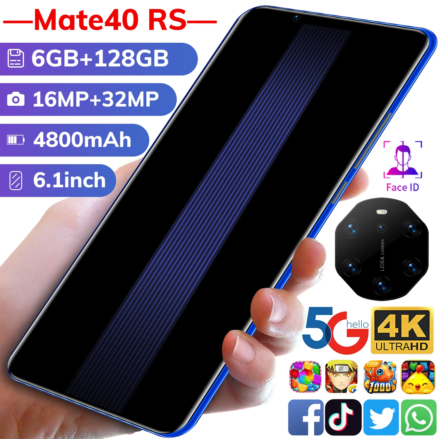 

Mate40 RS 6.1 Inch 6GB+128GB 16+32MP 4800mAh Andriod 10.0 Mobile Cell Phone 4G 5G LTE Deca Core MTK6797 Face Unlock Smartphones