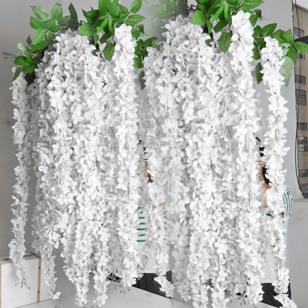 

20pcs Beautiful White Artificial Silk Wisteria Flowers Hanging Rattan Bride Flowers Wedding Garland Vine Ivy Ceiling Decoration
