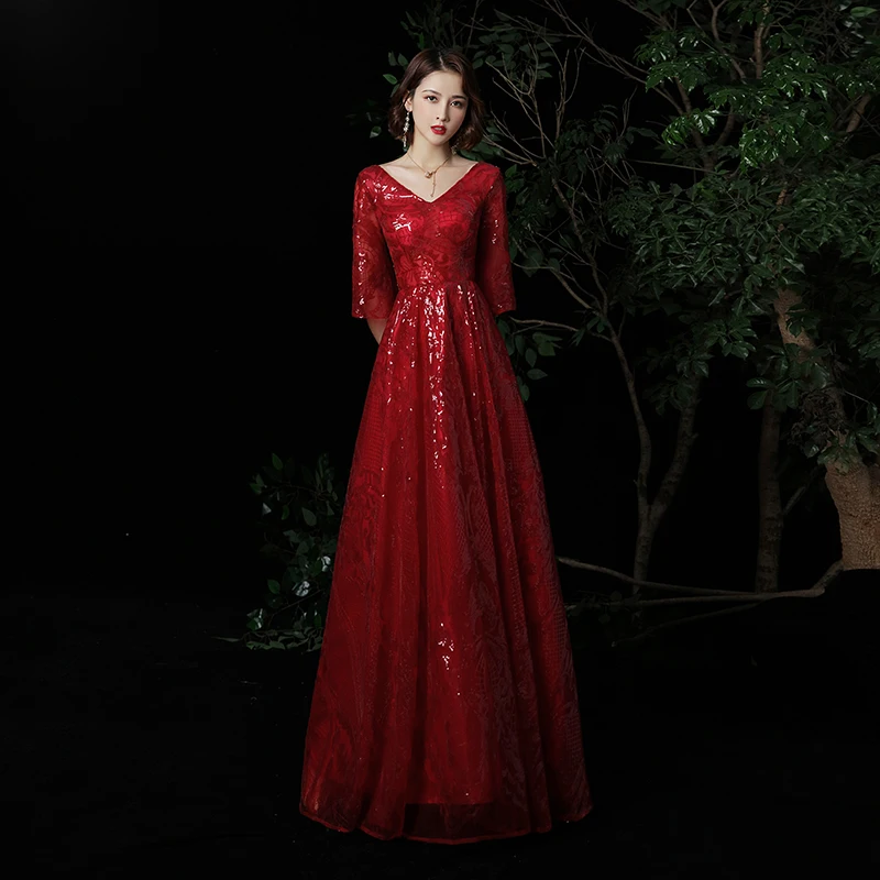 

Evening Dress 2020 New Formal Party P Rom Sexy V-neck A-line Dress Half Sleeve Vintage Evening Dresses Long Custom Size