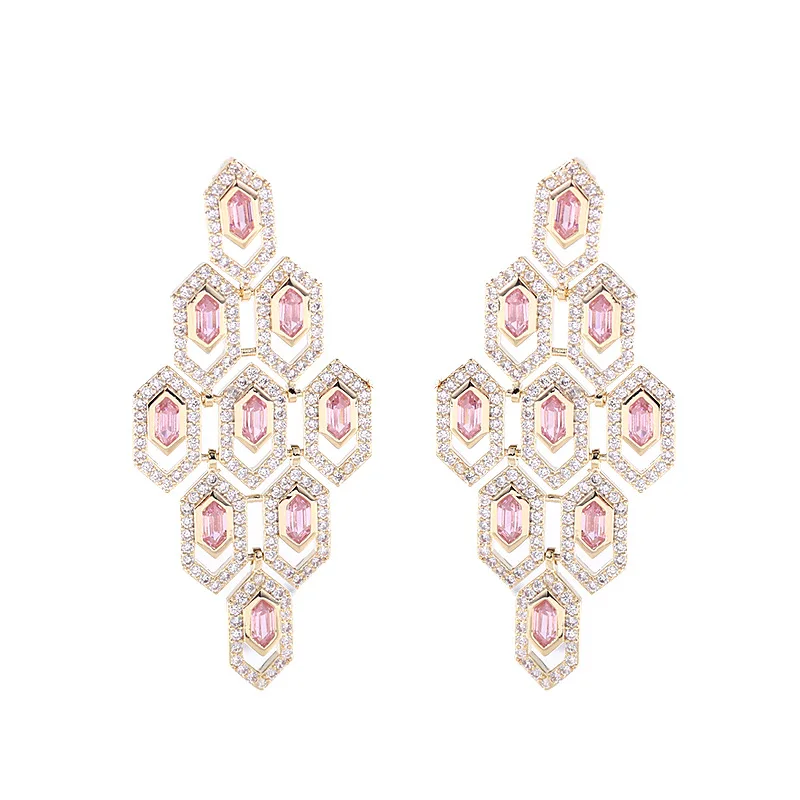 

Luxurious Pink Square Cubic Zirconia Drop Earrings Women Wedding Jewelry 2021 Bijouterie,Sparkling Crystal Bridal Earings Woman