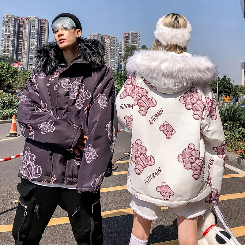 Парка с меховым воротником толстая рисунок милым медведем Harajuku уличная Мужская