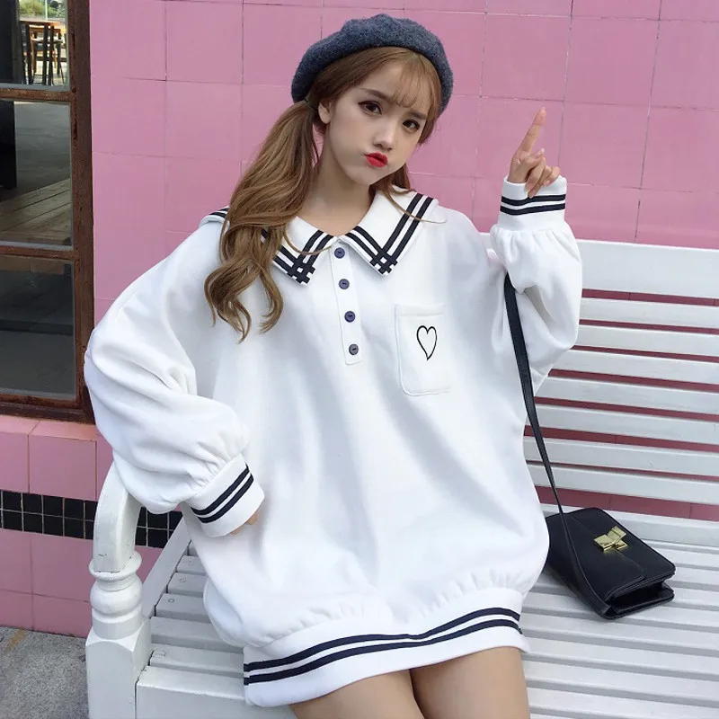 White Sweatshirt Милая Женская толстовка, Осенний Свободный пуловер с длинным рукавом и вышитым матросским воротником, новинка, милые вещи, Повседневная Женская толстовка с капюшоном - Цвет: White Sweatshirt