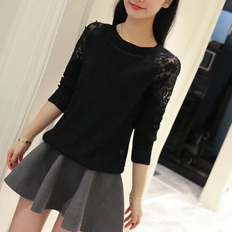 UHYTGF Knitted pullover sweaters women Fashion hollow lace short tops beaded long sleeves thin Spring autumn Sweater female 532 | Женская