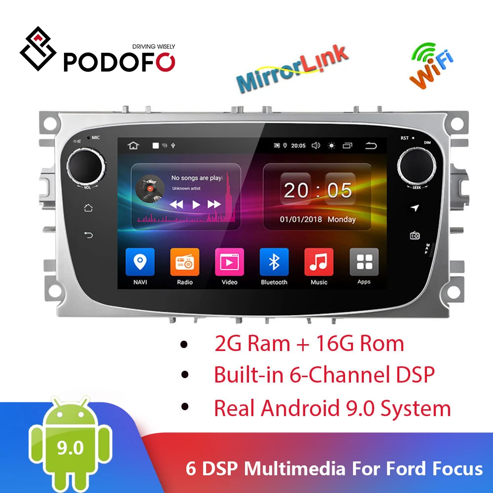 Podofo 2 Din Android 9 0 автомобильный радиоприемник gps 7 дюймов 6 DSP мультимедиа для Ford Focus