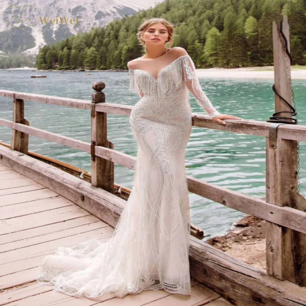 

Elegant Sheer V-Neck Mermaid Wedding Dress Long Sleeve Off The Shoulder Floor Length Back Button Tassel Lace Cвадебное платье