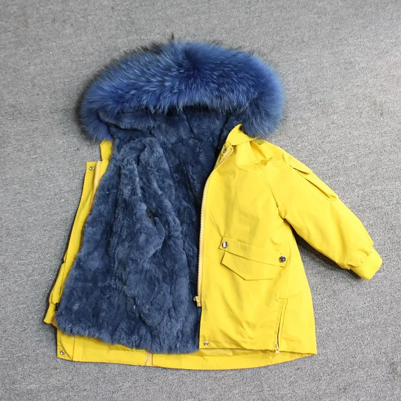 yellow lake blue fur Для маленьких мальчиков детская зимняя куртка, детская куртка-пуховик для девочек зимняя куртка для детей в Зимняя куртка для девочек и мальчиков детские линией натурального меха кролика, парка, пальто - Цвет: yellow lake blue fur