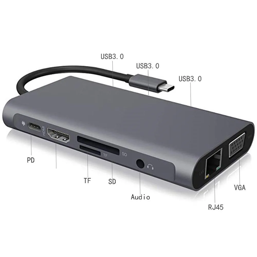 Тип C to VGA + RJ45 Gigabit Ethernet 4K HDMI Совместимость PD SD TF 3 5 мм аудио 1080P для Macbook Pro S8 S9 P20 P30 10 в