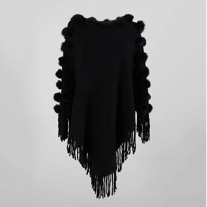 

Ladies sweater 2021 autumn and winter irregular shoulder fringed cloak hair ball beaded round neck sweater women ladies knitted