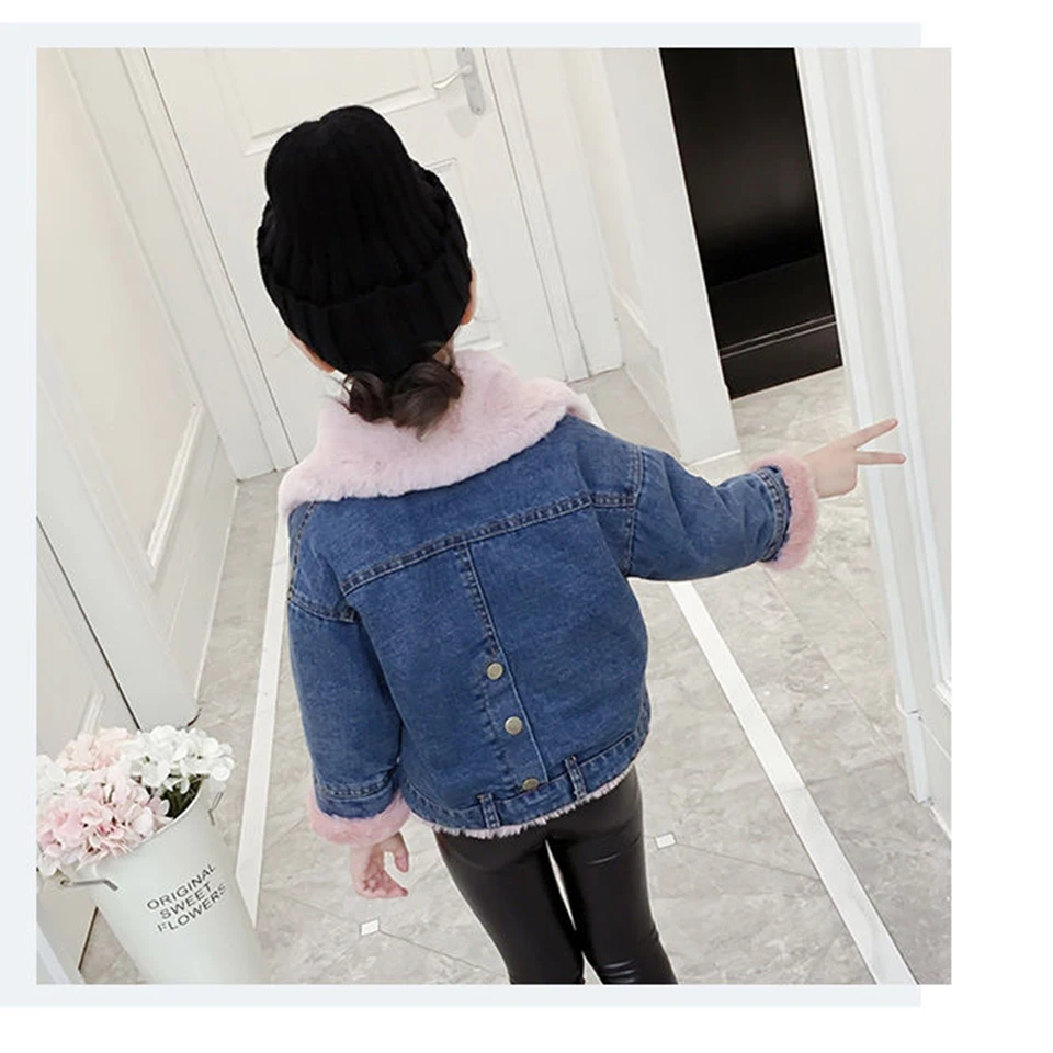 2019 Pink/Grey Color Jeans Jackets For Girl Coat Plus Velvet Windbreaker Autum Winter Outwear Children Solid Coats | Детская одежда и