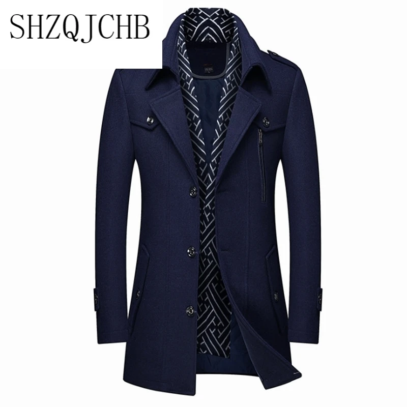 

Brand New Men Wool Blends Coats Scarf Collar Thick Trench Coat Winter Casual Long Woolen Coat Men Cold Resistant Overcoat