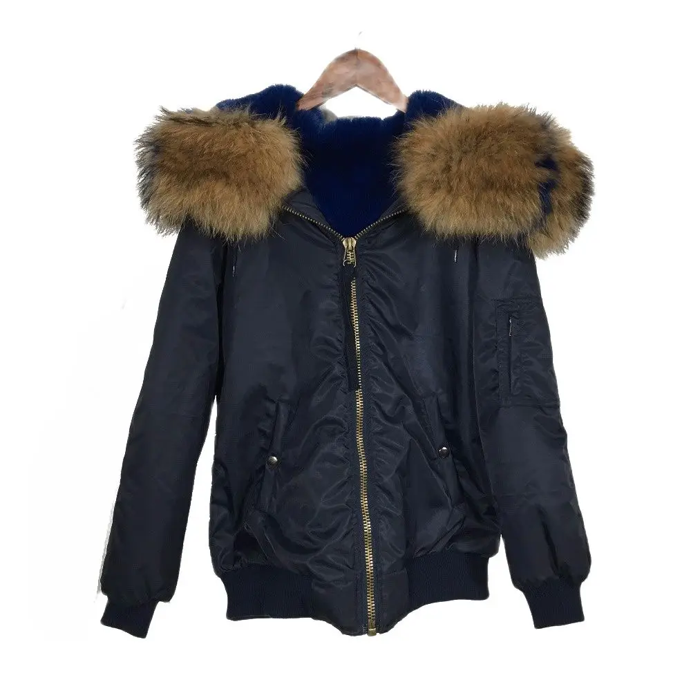 Navy Waterproof Fabic Short Coat Blue Faux Fur Lined Winter Bomber Jacket For Men With Unique Fur Collar