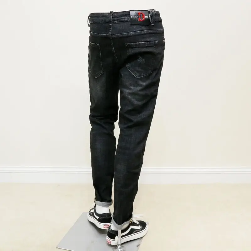 

Fashion Hole Design Slim Vintage Pencil Pants Mens 2021 New Korean Style Pockets Letter Fashion Casual Ankle Length Jeans