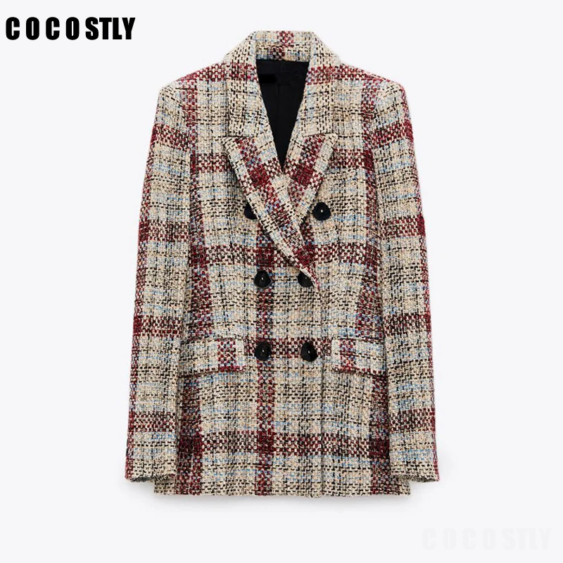 

New 2021 Spring Autumn Women Vintage Plaid Tweed Blazers And Jackets Pockets Suit Coat Female Casual Tweed Outwear Tops Ladies
