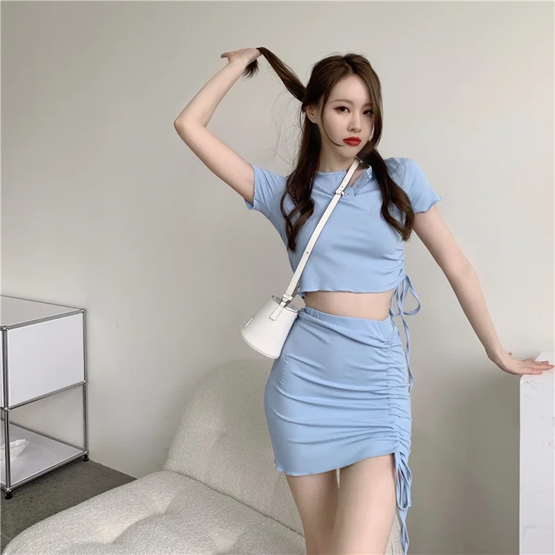 

Alien Kitty 2021 New Summer Ladies Suit O Neck Short-Sleeved Blue Short T-Shirt Drawstring Casual Slim A-Line Sexy Hot Skirt