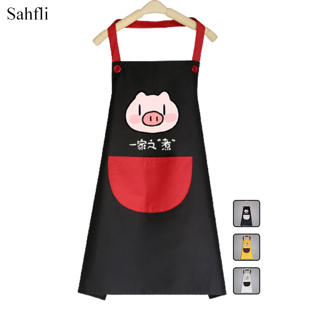 

Korean Fashion Cute Piggy Pattern Printing Ladies Household Kitchen Adult Sleeveless Apron with Large Pocket Halter Neck Design
