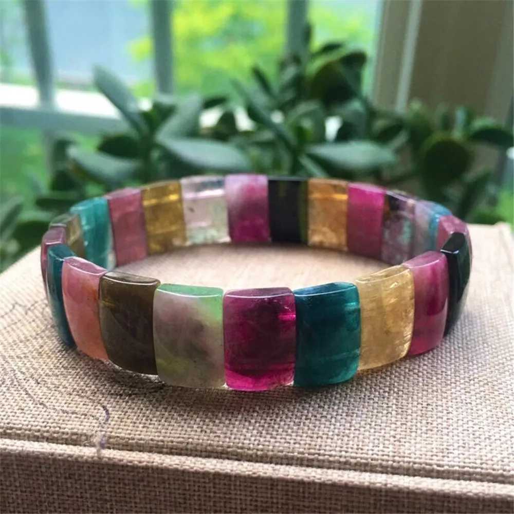 

13x8mm Natural Rainbow Tourmaline Quartz Bangle Bracelet For Woman Lady Man Brazil Crystal Rectangle Beads Stone Jewelry AAAAAA