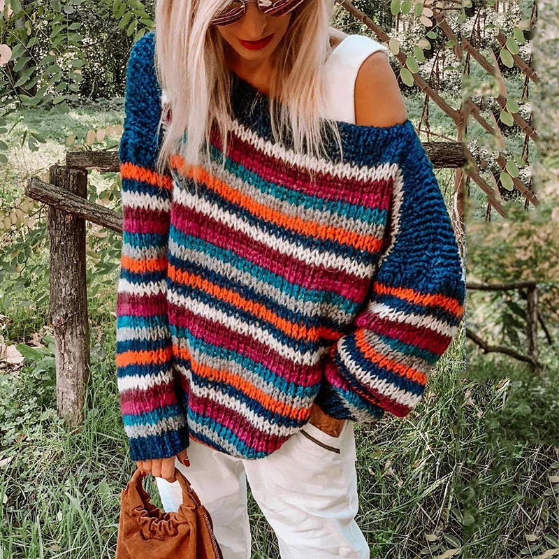 

Rainbow Stripe Pullover Vintage Woman Sweaters Knit Long Sleeve Streetwear Casual Girls Plus Size Winter Clothes for Women Fall
