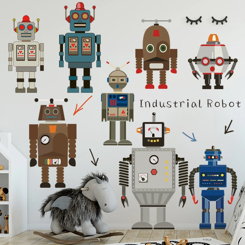 

Industrial Style Robot Wall Stickers Cartoon Cute Boys Girls Kids Room decals Self-adhesive Waterproof Decor Kindergarten mural