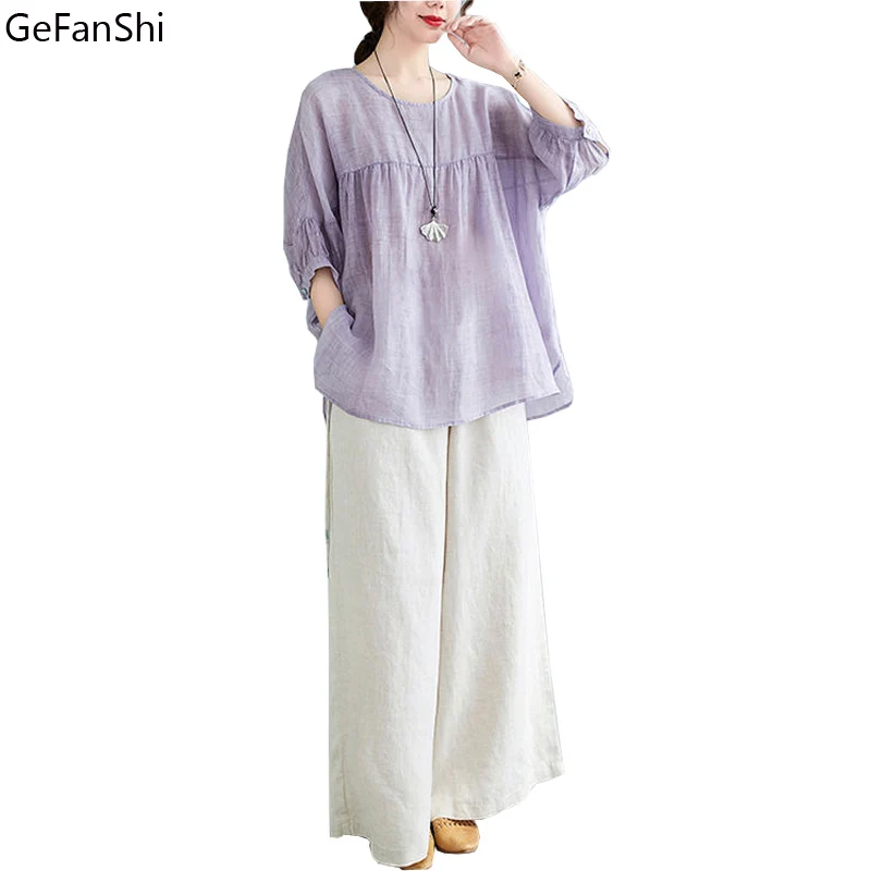 

Женский офисный комплект из двух предметов, блузка с круглым вырезом и брюки, однотонный Повседневный модный топ свободного покроя и брюки ...