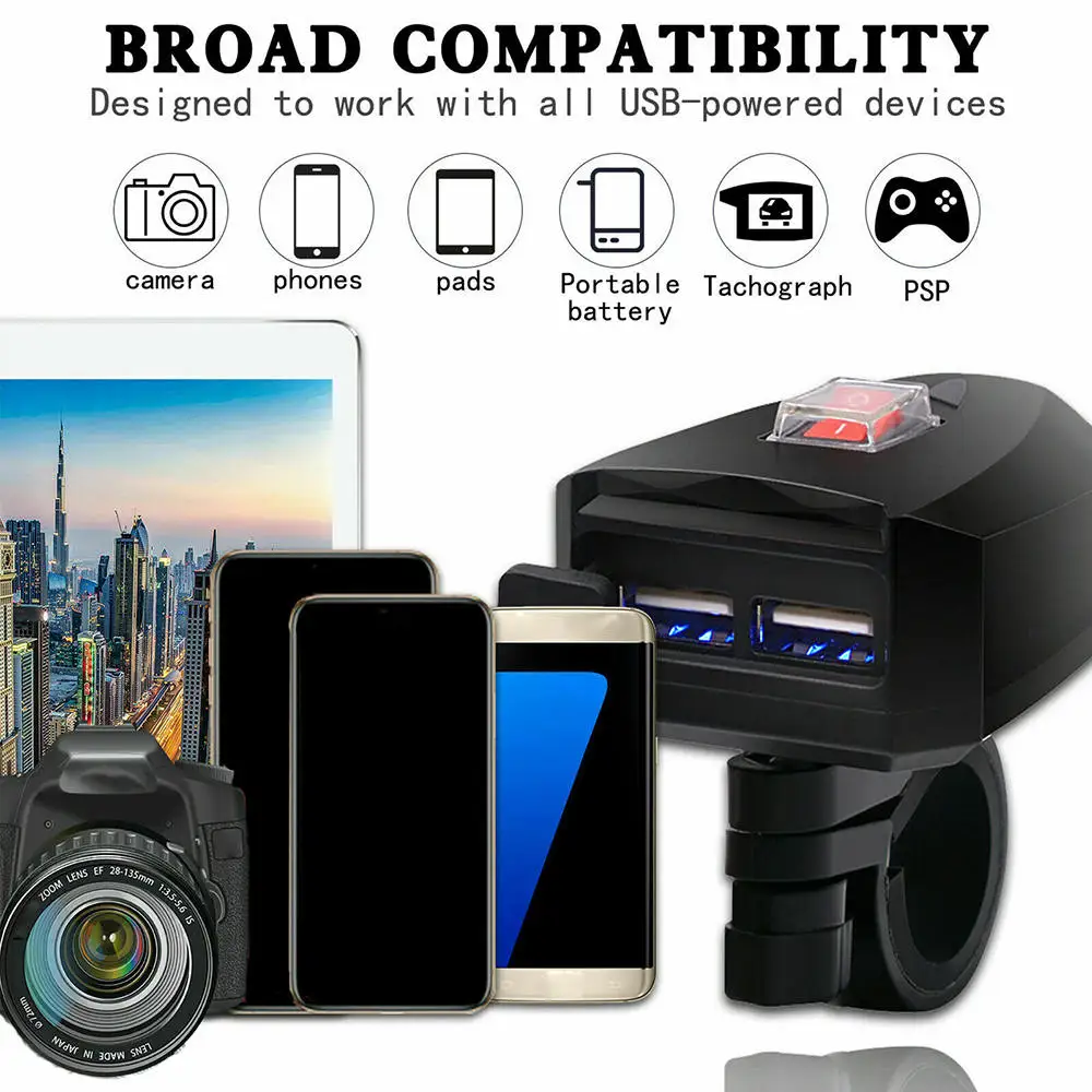 

10-80V ATV Motorcycle Dual USB Port Phone Charger Handlebar Mount with Switch