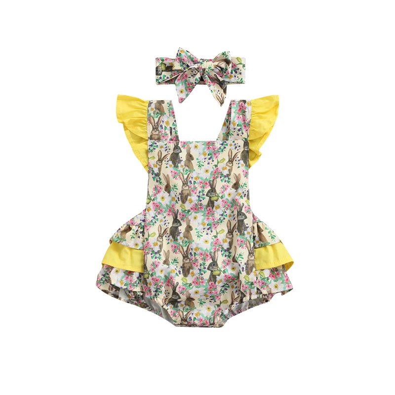 

Baby Girls Romper with Headband, Rabbit Print Fly Sleeve Romper with Hairband for Toddlers