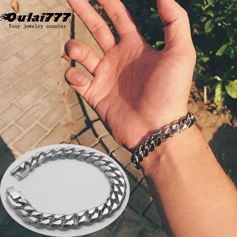 Silver Tone Newall,, нержавеющая сталь, мужской браслет, цепочка, кубинское звено, подарок, мужской ювелирный аксессуар, черный, Ретро стиль, панк, шарм, ручная цепочка, браслет - Окраска металла: Silver Tone