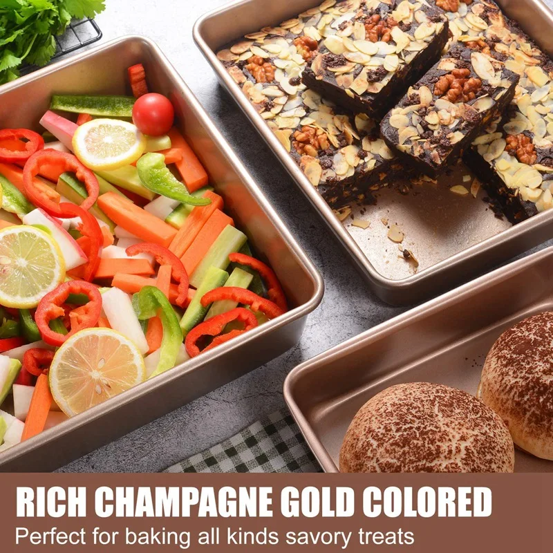 Deep Baking Pans Nonstick Set Cookie Sheet Pan Bakeware Rectangle Cake for Oven 3 Piece Gold |
