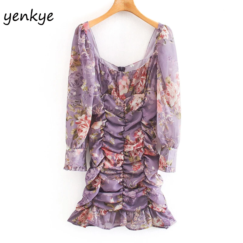 Женское винтажное платье с цветочным принтом облегающее мини-платье квадратным